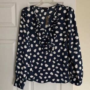 NWT J. Crew Navy and White Patterned Ruffle Neckline Blouse Sz L